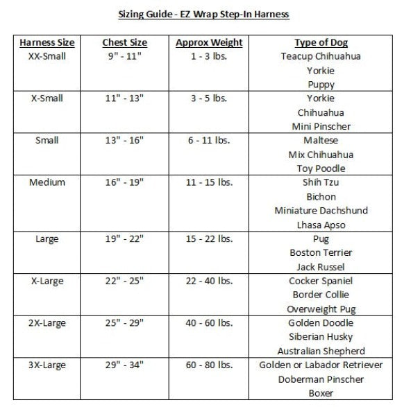 Bark Appeal Dog Harness Size Chart