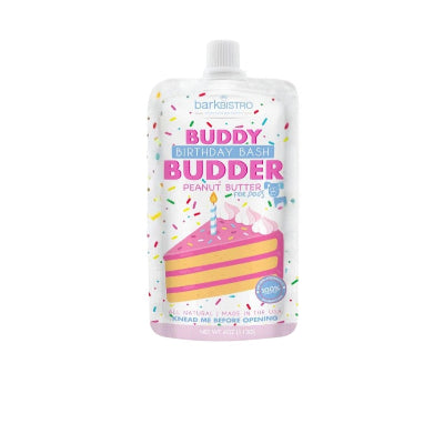 Buddy Budder peanut butter for dogs packaging with birthday theme on a white background