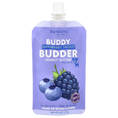 Purple pouch of barkBistro Buddy Superberry Snot Budder Peanut Butter for dogs on a white background