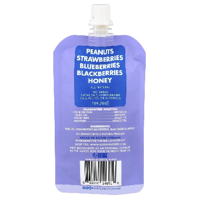Purple pet peanut butter pouch with blue label on a white background
