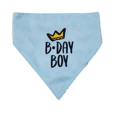 Barker's Bowtique Blue Birthday Boy Reversible Scrunchy Dog Bandana Front View