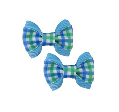 Barker's Bowtique Blue and Green Gingham on Blue Grosgrain Ribbon Dog Hair Bows