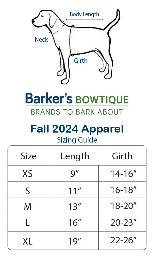 Barker's Bowtique Dog Apparel Size Chart