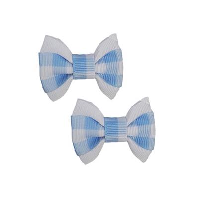 Barker's Bowtique Light Blue Gingham on White Grosgrain Ribbon Dog Hair Bows with French Clip