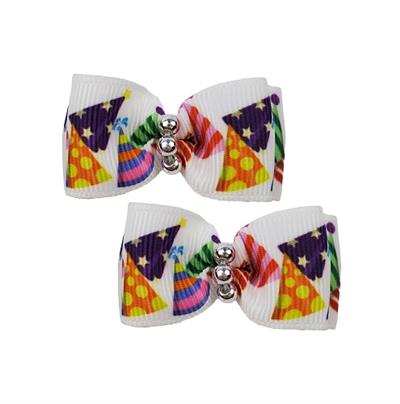 Barker's Bowtique Multicolor Party Hats on White Grosgrain Ribbon Dog Hair Bows