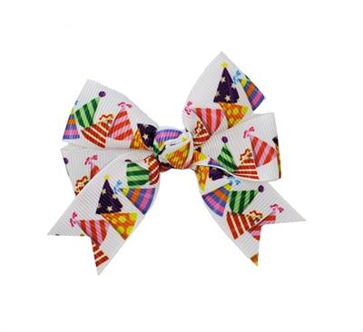 Barker's Bowtique Multicolor Party Hats on White Grosgrain Ribbon Dog Hair Bow with French Clip