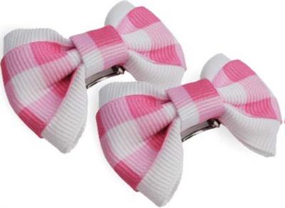Barker's Bowtique Pink Gingham on White Grosgrain Ribbon Dog Hair Bows with French Clip