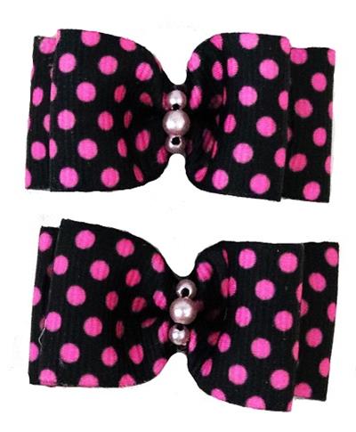 Barker's Bowtique Pink Polka Dots on Black Grosgrain Ribbon Dog Hair Bows