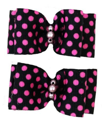 Barker's Bowtique Pink Polka Dots on Black Grosgrain Ribbon Dog Hair Bows