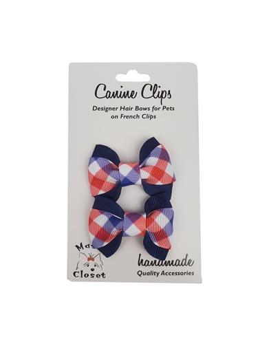Barker's Bowtique Red, White & Blue Gingham on Navy Blue Grosgrain Ribbon Dog Hair Bow Card