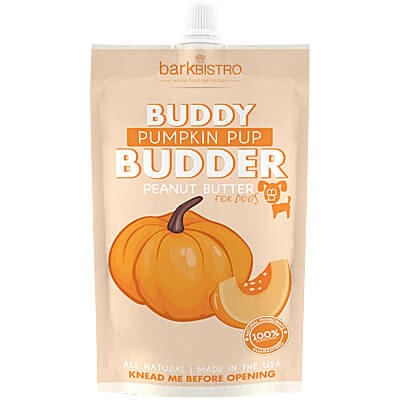 Package of Barkistiro Buddy Pumpkin Pup Budder Peanut Butter treat on a white background