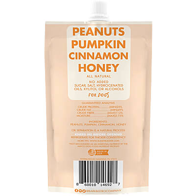 Pouch of 'Peanuts Pumpkin Cinnamon Honey' for dogs on a white background