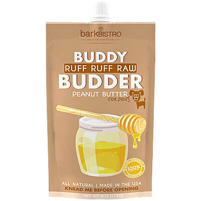 Pouch of Bark Bistro Buddy Ruff Ruff Raw Budder peanut butter for dogs on a white background