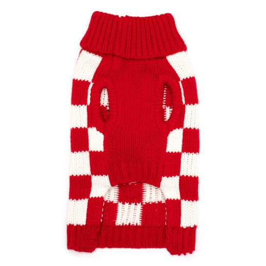 Back view of red & white checkerboard dog sweater.