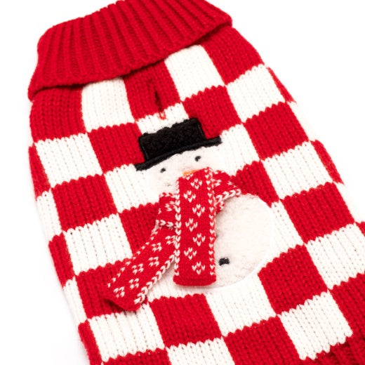 Red & White Checkerboard Dog Sweater with Snowman and Scarf