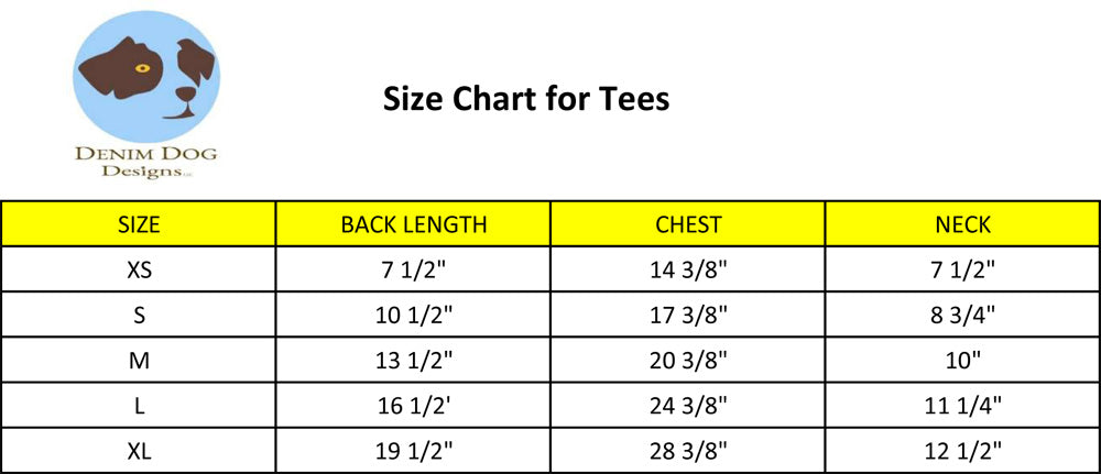 Denim Dog Designs Dog Tee Size Chart