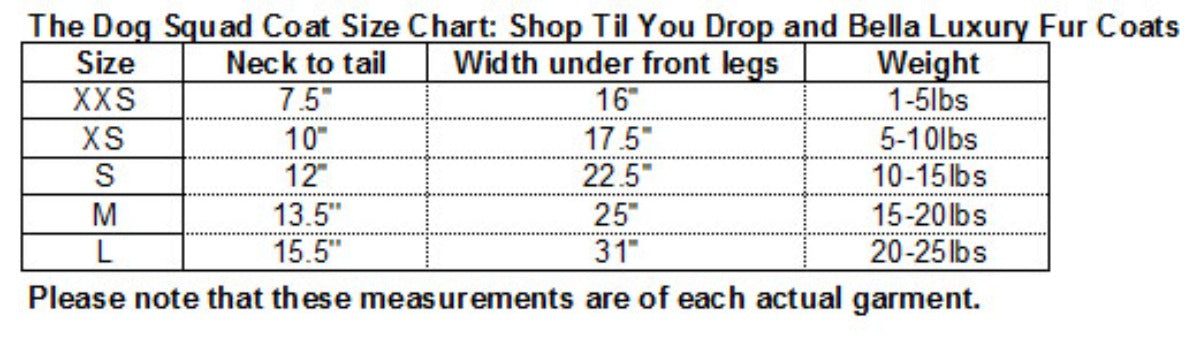 Dog Squad Dog Coat Size Chart