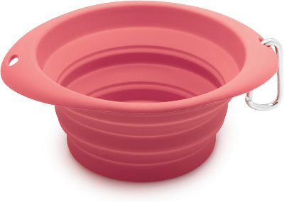 Pink collapsible silicone pet travel bowl with handles on a white background