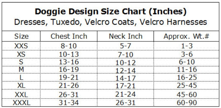 Doggie Design Dress Size Chart