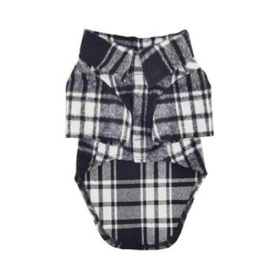 Black & White plaid-patterned flannel dog shirt on a white background