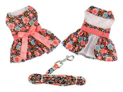 Front and back view of floral dog dress with matching leash on a white background