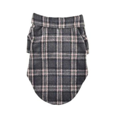 Dark gray & pink plaid-patterned flannel dog shirt on a white background