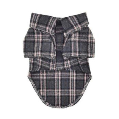 Dark gray & Pink plaid flannel dog shirt on a white background