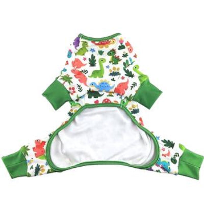 Dog onsie pajamas back view with dinosaur pattern on a white background