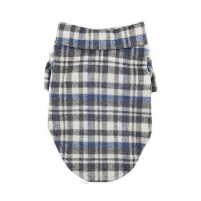 Blue & gray plaid dog flannel dog shirt on a white background