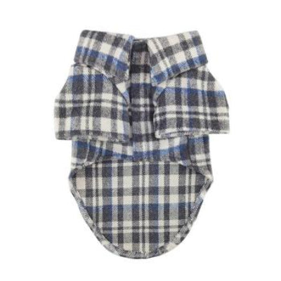 Blue & gray plaid flannel dog shirt on a white background