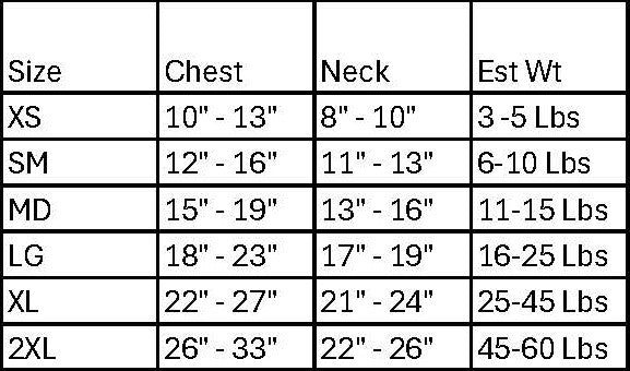 Size chart for dog pajamas with measurements in inches and weight estimates in pounds.
