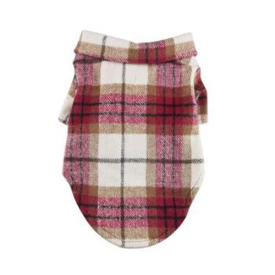 Plaid flannel dog shirt with red, white, and beige pattern on a white background