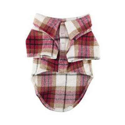 Red & white plaid flannel dog shirt on white background