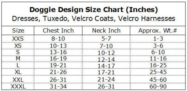 Doggie Design Dog Dress Size Chart