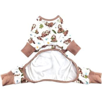 Dog pajamas back view with sloth print on a white background