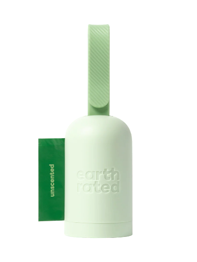 Green pet waste bag dispenser with 'earth rated' branding on a white background
