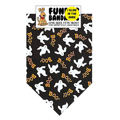 Halloween-themed dog bandana with ghosts and 'BOO!' text on a black background, featuring Funbandz branding.