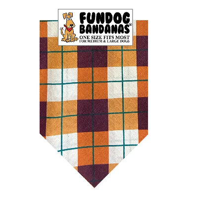 Plaid dog bandana of fall colors with 'Fundog Bandanas' branding on a white background
