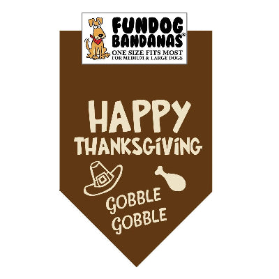 Brown dog bandana with 'Happy Thanksgiving' text and pilgrim hat design.