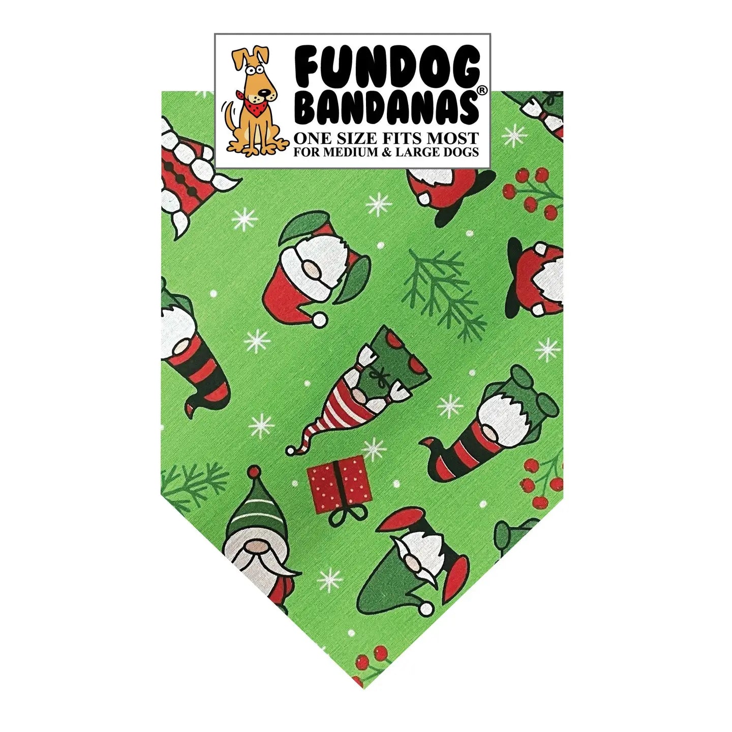 Dog bandana with Christmas-themed design on a green background, featuring the brand 'Fundog Bandanas'.
