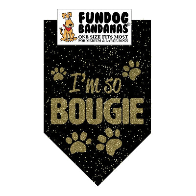 Black bandana with gold text and paw prints, featuring the brand 'Fundog Bandanas'.
