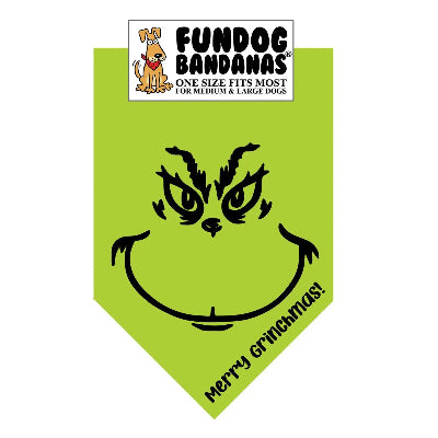Green bandana with Grinch face design and 'Merry Grinchmas!' text, branded as Fundog Bandanas.