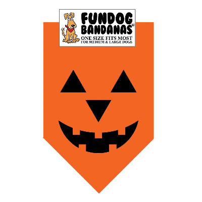 Orange dog bandana with black jack-o'-lantern face design, featuring Fundog Bandanas logo.