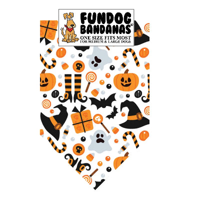 Halloween-themed bandana with witches, bats, ghosts & pumpkins on a white fabric.