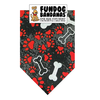 Dog bandana with red paw prints and bones on a black background, featuring Fundog Bandanas branding.
