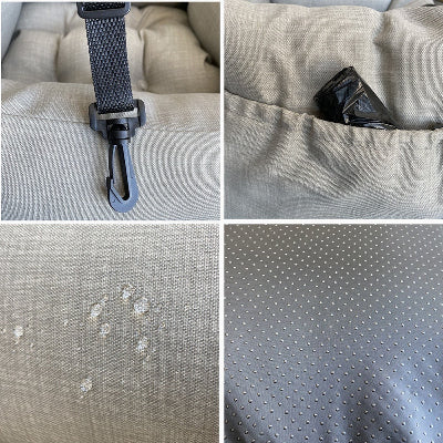 Collage of fabric texture and wear on a gray surface with a strap and black object.