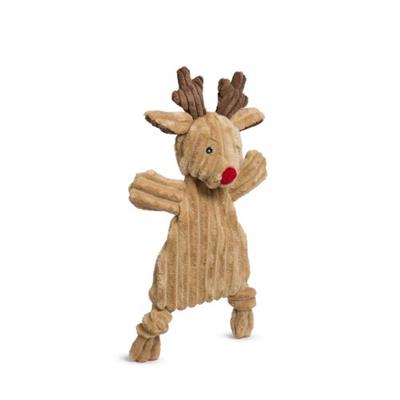 Brown reindeer dog toy with red nose on a white background