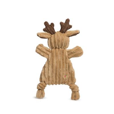 Brown plush reindeer dog toy on a white background