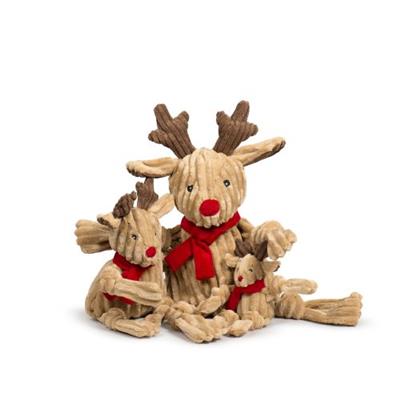Plush reindeer dog toy with red scarf on a white background