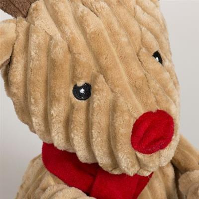 Close-up of a plush reindeer dog toy with a red nose and scarf on a white background